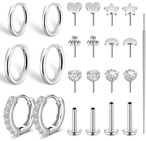 AVYRING Flat Back Ohrringe, Edelstahl Hoop Ohrringe & Stecker für Damen, 20G Threadless Cartilage, Conch, Helix, Tragus Piercing Schmuck mit CZ, Stern, Mond, Herz, Kugel