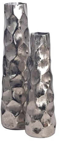 FineBuy Vase 2er Set Aluminium Silber Hammerschlag, Blumenvase | Dekovasen rund, Tischvasen handgefertigt, Wohndeko für Wohnzimmer, Sideboard und Esstisch, Tischdeko
