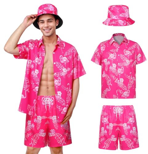 Joyesplay Hawaii Hemd Männer 3 Pcs Hawaii Outfit Herren mit Flamingo Hemd Shorts Fischerhut Hawaii Hemden für Sommer Beach Hemd Poolparty (Rosa, M)