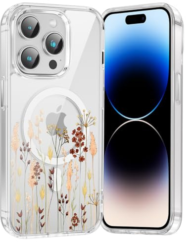 Xylota Handyhülle Magnetische für iPhone 15 Pro 6,1 Hülle mit Aesthetic Blumen Obst Muster, Durchsichtig Mädchen Case Kompatibel mit MagSafe, Weich Silikon Dünn TPU Stoßfeste Schutzhülle Cover, 08