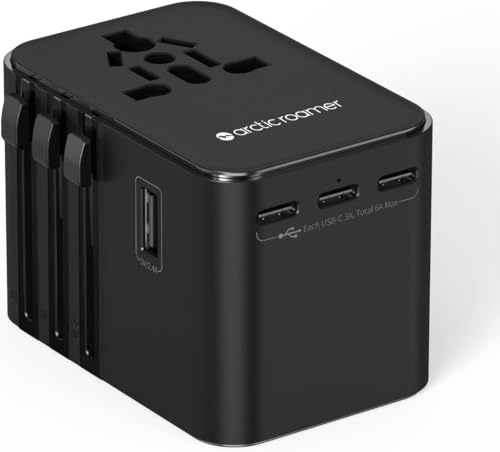 Arctic Roamer Universal Travel Adapter with 30W Fast Charger – 3 USB-C, 2 USB-A Covers UK US EU AU, Worldwide Power Adapter with Spare Fuse & Safety Shutters All in One Plug Adaptor