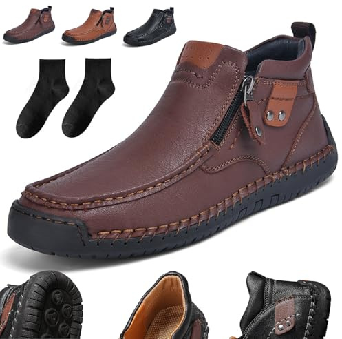 Donubiiu Orthopädische Premium-Stiefel,High-Top Outdoor Schuhe mit seitlichem Reißverschluss und handgenähtem Design,Casual Leather Slip Walking Boots für Wandern Camping