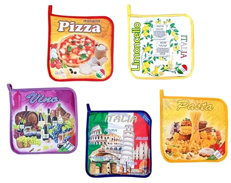 Set 5 Presine da Cucina in Cotone, Made in Italy, Italia, Pasta, Pizza, Vino, Limoncello, Utile in Cucina, Idea Regalo Natale Ricordo tessuto decorativo