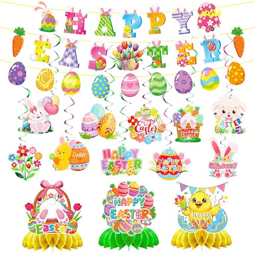 Reusable Happy Easter Decorations Set - 1 HAPPY EASTER Banner, 1 Easter Egg Banner, 10 Hanging Swirls & 3 Honeycomb Centerpieces for Spring Home Party Indoor Outdoor Table Decor