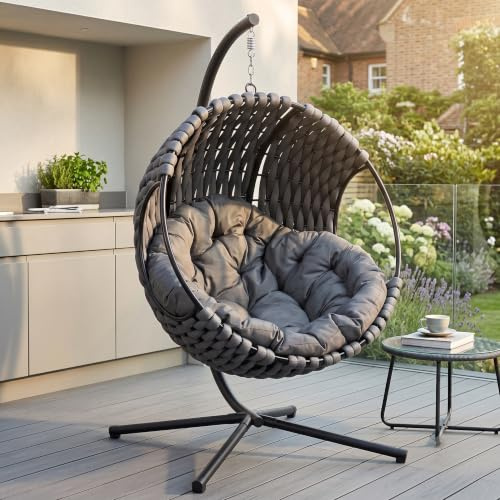 Blisswood Hanging Egg Chair Indoor & Outdoor, Swing Chair with Cushion & Stand, Foldable Hammock Chair for Garden, Patio or Balcony, 150 kg Weight Capacity (Dark Grey)