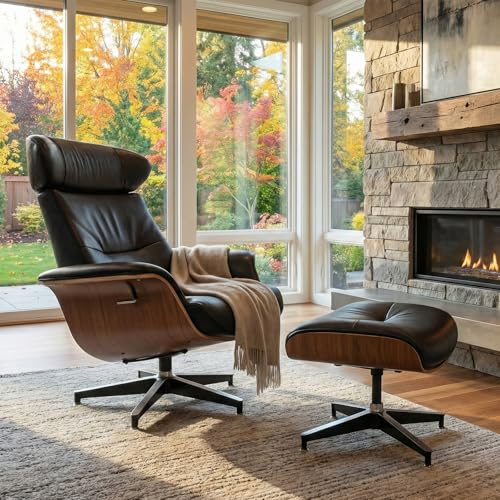 GULFXDS Echtleder-Loungesessel, drehbarer Relaxsessel mit Fußhocker, moderner Wohnzimmer-TV-Sessel, Verstellbarer Neigungswinkel, gepolsterte Rückenlehne, einzigartiges Design.