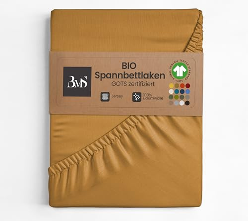 Bettwaesche-mit-Stil GOTS Bio Jersey Spannbettlaken senf 150x190-160x200 cm Höhe bis 23cm