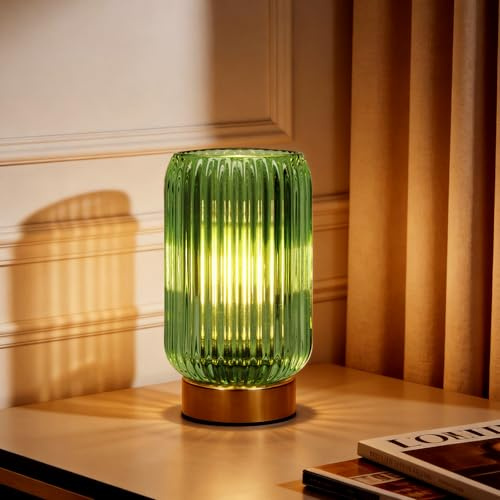 MJ PREMIER Tischlampe Kabellose Grüne Glaslampe mit vertikalen Rillen | Tischleuchte Batteriebetrieben Timer, 2700K Warmlicht Retro Nachttischlampe, Tragbare Deko Lampe als Geschenk