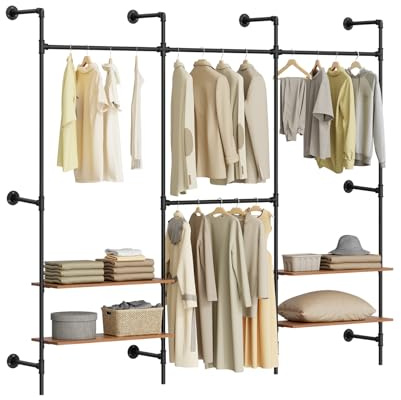 SoBuy Telescopic Clothes Rail, Wall-Mounted Clothes Rack, Open Wardrobe with 4 Hanging Rails & 4 Shelves, Heavy Duty Garment Rack Storage Organiser for Bedroom, Black 265x48x220 cm KLS19-SCH