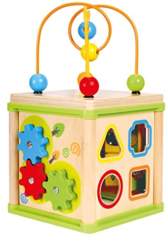 Bino Motorikwürfel 5in1, Spielzeug für Kinder ab 1 Jahr, Kinderspielzeug (fünf Spielformen, hochwertiges Holzspielzeug zur Förderung der feinmotorischen Fähigkeiten, kindgerechtes Design), Mehrfarbig