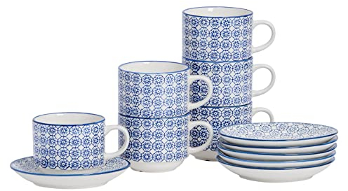 Patterned Porcelain Stacking Cups and Saucer Set - Blue Flower Design - Set of 6