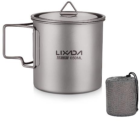 Lixada Titanium Cup Camping Mug Ultralight Foldable Handle with Lid and Stuff Sack Outdoor Titanium Pot (300ml-750ml Optional)