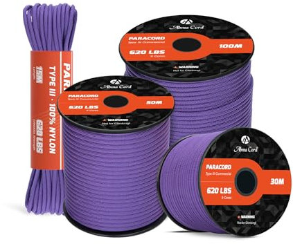 Abma Cord Paracord 4mm 50m 100% Nylon Rope 9 Strands Type III Parachute Cord for DIY, Camping, Survival, Outdoor - Max. 280kg - Purple