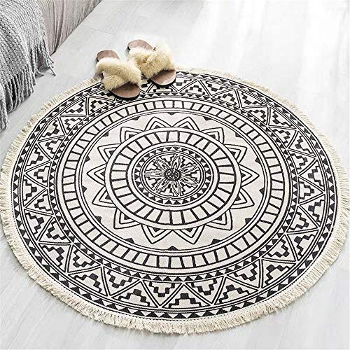 Nicole Knupfer Mandala Runde Teppich Quasten Handwebteppich Böhmische Baumwollteppich Boho-Stil,Durchmesser 92cm (D)