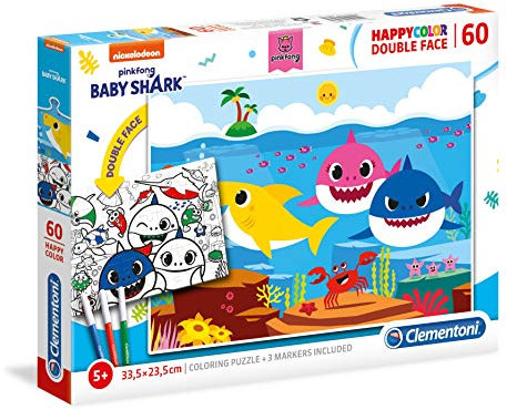 Clementoni 26093 Happy Color Double Face Baby Shark – Puzzle 60 Teile ab 5 Jahren, doppelseitiges Kinderpuzzle mit Bild zum Ausmalen, inkl. 3 Filzstiften, Denkspiel für Kinder