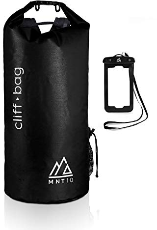 MNT10 Dry Bag “Cliff-Bag” in 20L, 30L, 40L I Drybag Rucksack für SUP, Kanu, Kajak I Wasserdichter Packsack mit Schultergurte I Seesack wasserdicht I GRATIS wasserdichte Handyhülle (Schwarz, 40L)