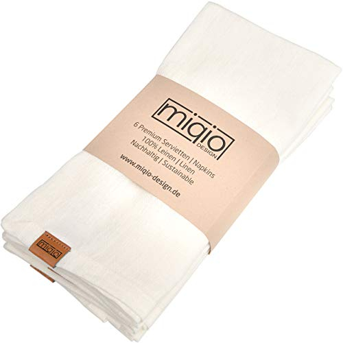 MIQIO® Design Stoffservietten aus 100% französischem Leinen - 6er Set Servietten Stoff - waschbar bei 60° - 45x45 Leinenservietten - Marken Label aus echtem Leder (elfenbeinfarben)