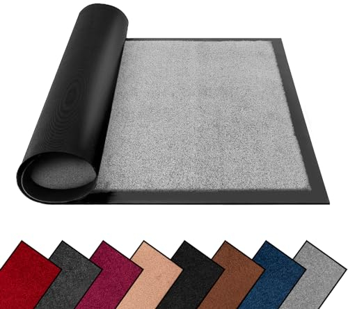 FB FunkyBuys Washable Dirt Trapper Door Mats Indoor & Outdoor, Heavy Duty Non Slip Doormats, Rubber Backed Floor Mat, Super Absorbent Front Door Mat, Entrance Rug (Grey-Plain, 40cm x 60cm)