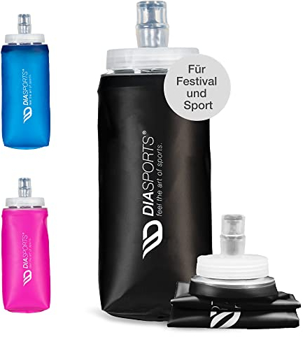 Diasports Faltbare Trinkflasche Festival & Sport | BPA-Freie Sportflasche FLASKY mit extra großer Öffnung | Deine Soft Flask für Unterwegs | Schwarz 300ml