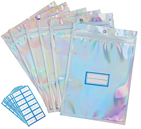 Anstore 120 Stück Folienbeutel Zip Beutel Groß Wiederverschließbare Baggys Holografisch Folien Tasche Mylar-Beutel Reißverschluss Tasche mit 126 Stück Etiketten (14x20 cm)