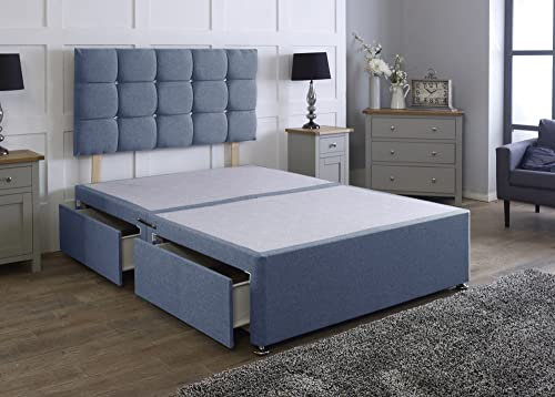 Comfy Deluxe LTD Linen Divan Bed Base With Matching Cube Headboard | Divan Bed Frame | Bed Base | Premium Linen (Denim, 4.0FT Small Double 0 Drawer)