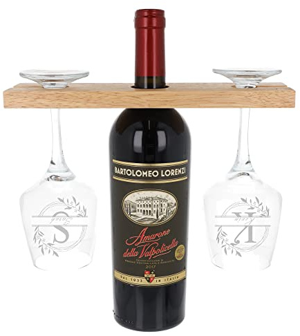 Always Looking Good Personalised Engraved Wooden Wine Butler Caddy With Glasses | 2 Glass Etched Bottle Holder (Full Set Arrow Name Design With 2 Glasses)