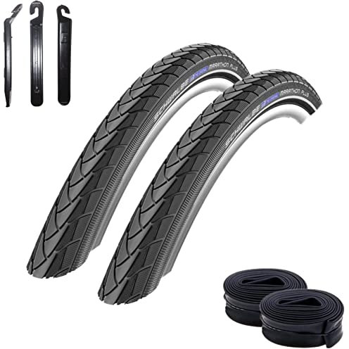 2 x Schwalbe Marathon Plus Fahrradreifen SmartGuard Reflex Pannenschutz unplattbar 28-622 (28 x 1,10) + 2 Schwalbe AV17 Schläuche inkl. 3 Reifenheber
