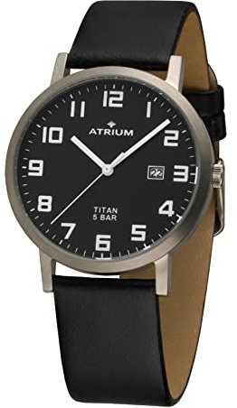 Atrium Herren-Armbanduhr Titan Analog Quarz mit Datum Anzeige und Leder Armband Schwarz A40-11