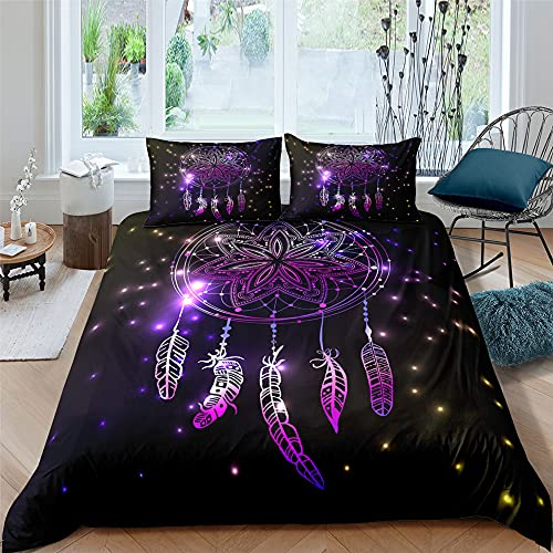 Michorinee Bettwäsche Traumfänger 135x200 2 Teilig Microfaser Lila Federn Blumen Bohemian Style Dreamcatcher Bettbezug mit Reißverschluss Kissenbezug 80x80 cm