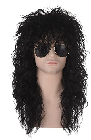 Schwarze Lange Vokuhila Mullet Perücke, ATAYOU 80er Jahre lange schwarze Punk Heavy Metal Perücke Retro Rocker Disco Perücke Halloween Cosplay Perücke Unisex (Schwarz 710)