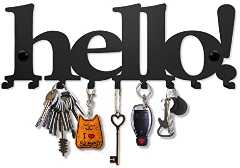 SirHoldeer Schlüsselbrett Modern, Hello Schlüsselhaken, Schlüsselhalter Wand, Schlüsselaufhänger mit 10 Haken, Schlüsselboard Schwarz, Key Holder Wall, Wanddeko Flur, Metall Deko