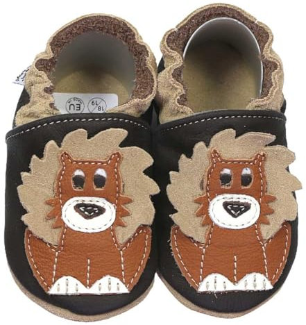 HOBEA-Germany Krabbelschuhe für Jungs und Mädchen in verschiedenen Designs, Kinderhausschuhe Jungen, Lederschuhe, Schuhgröße:26/27, Modell Schuhe: Löwe Dunkelbraun