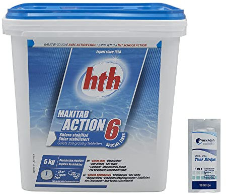 HTH MAXITAB Action 6 Galet 250g Bi-Couche Spécial Liner - 5kg | Chlore Lent stabilisé Multiaction - Désinfection Régulière Multifonction avec Action Choc + 10 Tests HPS OFFERTS 6 en 1