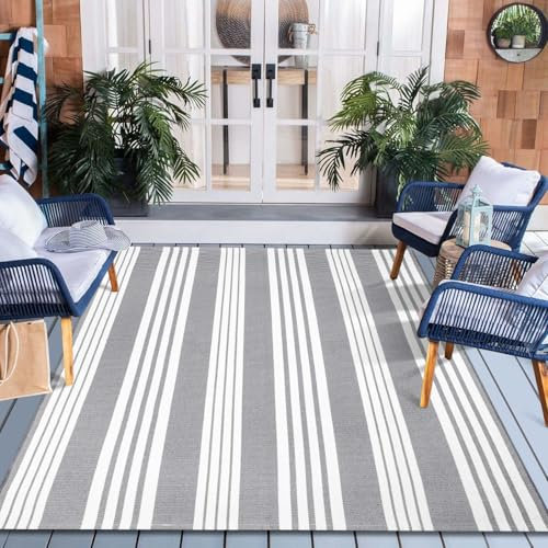 OJIA Outdoor-Terrassenteppich, 1,5 m x 1,8 m, grau und weiß gestreift, maschinenwaschbar, Baumwolle, handgewebt, für Schlafzimmer, Wohnzimmer, Veranda, Deck, Hinterhof, Camping