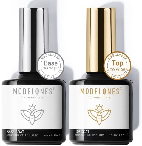 Modelones Top Coat Semi Permanent, No Wipe Base et Top Coat Vernis Semi Permanent 10ML*2 Vernis de Base et Finition Vernis à ongles Gel UV Manucure Kit