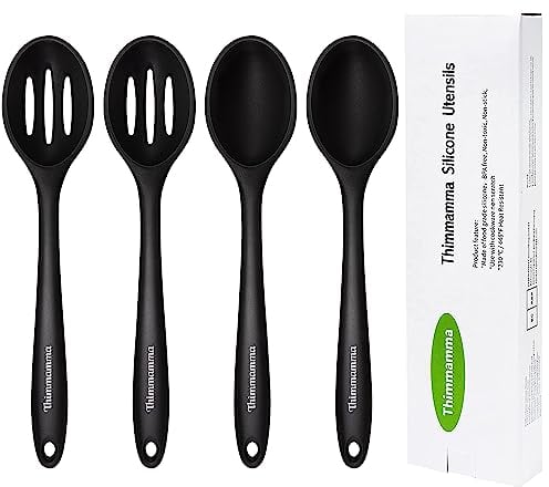 Silicone Cooking Spoons, 4 Pack Non Stick Solid Spoon Slotted Spoon Heat Resistant Large Silicone Spoons, Dishwasher Safe, BPA Free Kitchen Spoon Set Cooking Utensil for Stirring, Mixing, Serving