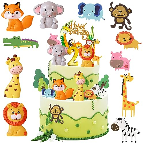 16 Stück Tortendeko 2. Geburtstag, Safari Zoo Dschungel Tortendeko, Wald Tiere Happy Birthday Kuchendeko, Waldtiere Figuren Cake Topper 2. Geburtstag, Torten Deko für 2 Jahre Junge Mädchen