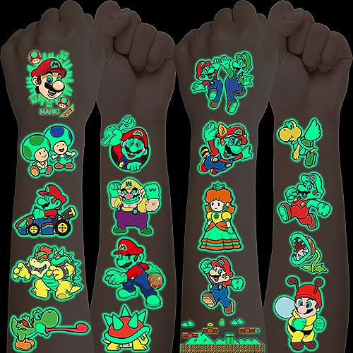 Super Mario Tattoo für Kinder - 12 Blätter Leuchttattoos, Wasserdichte Kindertattoos für Jungen und Mädchen, Hautfreundliche Aufkleber für Mitgebsel und Geburtstagsgeschenke