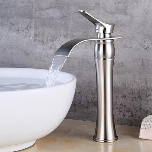 BTURYT Nostalgie Retro Wasserfall Bad Wasserhahn Waschtischarmatur Einhebelmischer Aufsatzwaschbecken Armatur f.Badezimmer Hoher Auslauf aus Messing (Gebürsteter Nickel)