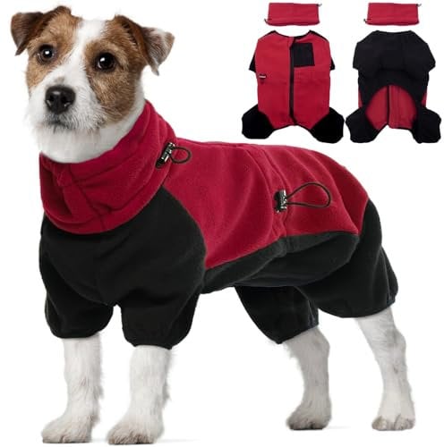 Dog Jumpers Medium Size, Winter Puffer Coat Fleece Indoor Dog Coat All In One with Legs Snowsuit Stylish Indoor Fleece Perfect for Walking Pets on Cold or Wet Days(Red, M)
