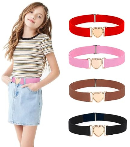Meckerni 4 Packs Girls Belts Heart-Shaped Waist Belt for Girls Adjustable Elastic Stretch Belts For Kids