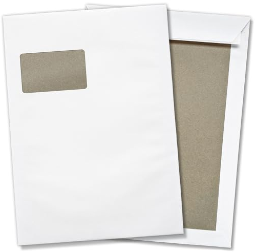 25 x Briefumschläge mit Fenster DIN C4 mit Papprückwand (229 x 320 mm), gerade Klappe, selbstklebend, weiß, 120 g/qm Bewerbung Unterlagen geschäftlich