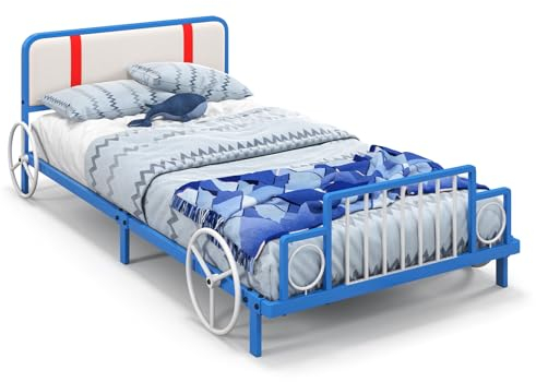 COSTWAY Kinderbett 90 x 190 cm, Jugendbett in Autoform, Juniorbett mit gepolstertem Kopfteil und Lattenrost, Autobett aus Metall für Jungen und Mädchen, Blau