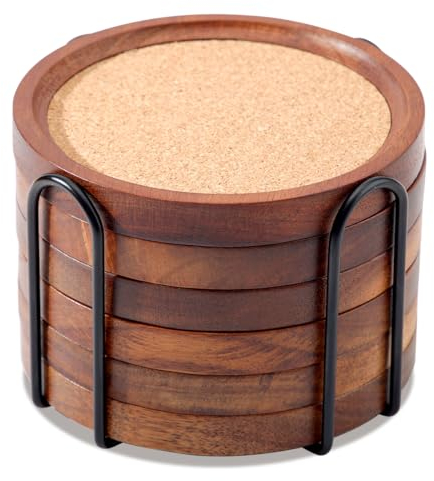 Untersetzer Holz für Gläser, 12 cm Kork Untersetzer Rund für Gläser 6er Set für Getränke, Bar, Tassen, Tischuntersetzer Getränkeuntersetzer mit Halter,Set für Trinkgläser