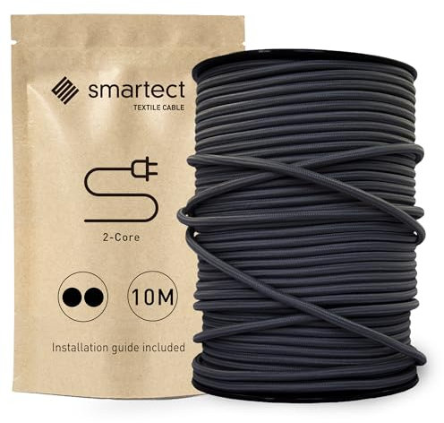 smartect Cavo Elettrico Tessile Antracite, 10 Metri Filo Elettrico Vintage, Bipolare (2 x 0.75mm²) Cavo Elettrico Rivestito in Tessuto per Fai da Te