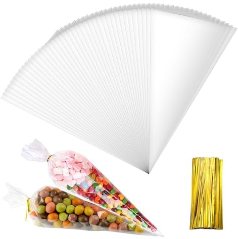 100 Stück Cone Tüten, Transparent Süßigkeiten Tüten mit 100 Stück Golden Twist Ties, Spitztüten, Candy Bar Tüten, Cellophantüten für Schokolade Bonbons Kekse, Geschenktüten Tasche für Hochzeit