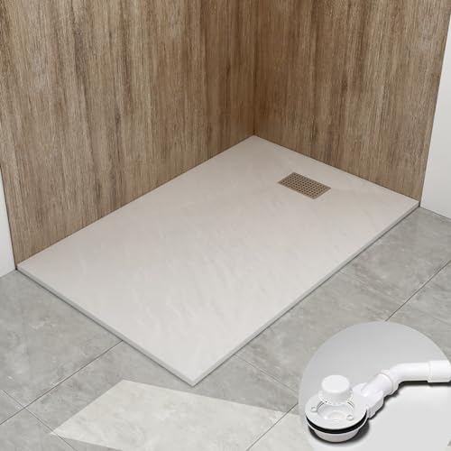 WITEN&NOCK SMC Duschwanne 140x90cm weiß Brausewanne Duschtasse 3,2cm extra flache Steinoptik Antirutsch inkl. Edelstahl Abdeckung und Ablaufgarnitur Ø90mm Siphon