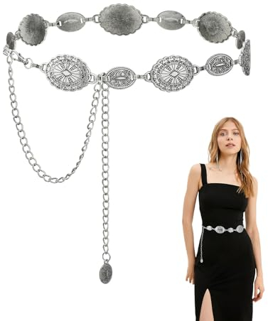 Yuqilin Kettengürtel,Metall Bauchkette Concho Kettengürtel Western Gürtel Damen Piraten Kette Taillenkette Metall Damen Cowgirl Gürtel Teiliges Gürtelkette,für Jeanskleid,125 CM/49.2 in(Silber)