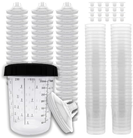 Knnuey Pack of 50 Disposable Paint Cups, Liners and Lid System Set for Spray Guns - 13.5 oz (400 ml) Set