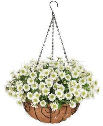 OUKEYI Artificial Hanging Flowers in Basket, Artificial Daisy Flowers,Coconut Lining Planter with Morning Glories Plants Patio Garden Porch Deck Spring Decor Purple